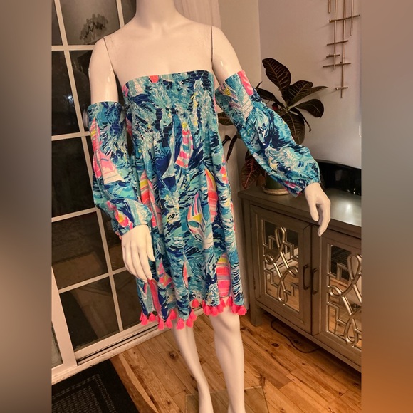 Lilly Pulitzer Trina Beach Mini Dress Tropical Print Pom Pom Detail Woman Large - Picture 6 of 15